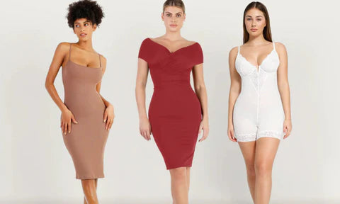 Three women wearing different styles of shapewear dresses and lingerie against a white background