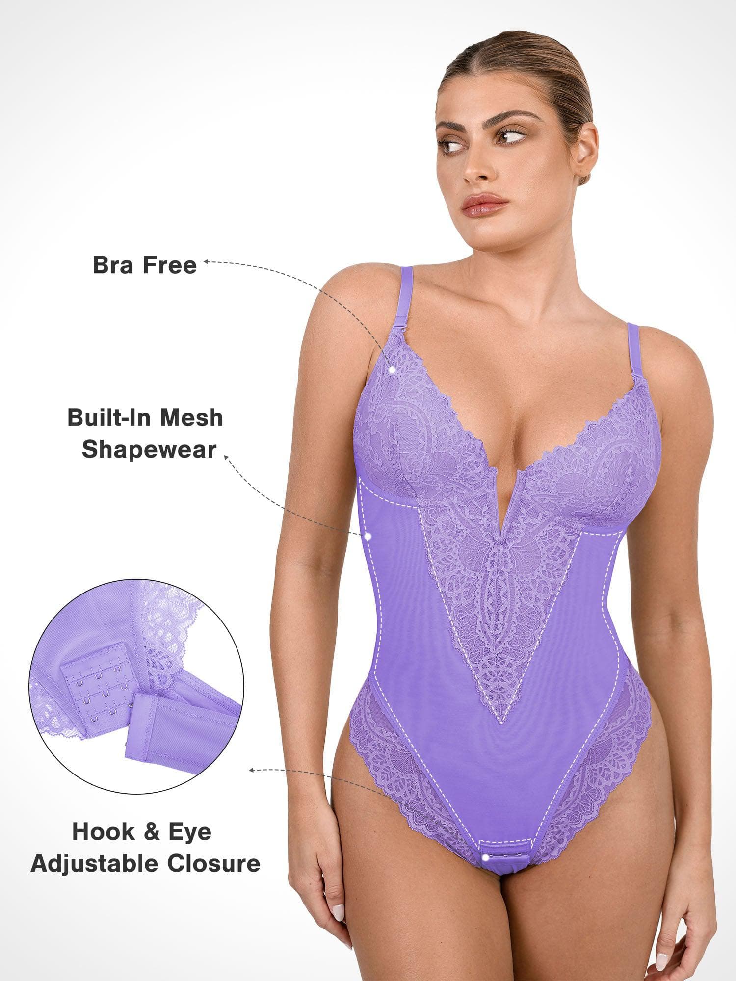 Popilush® Tops Body Shaper Jumpsuit The Shapewear Bodysuit Deep-V Neck Lace Thong