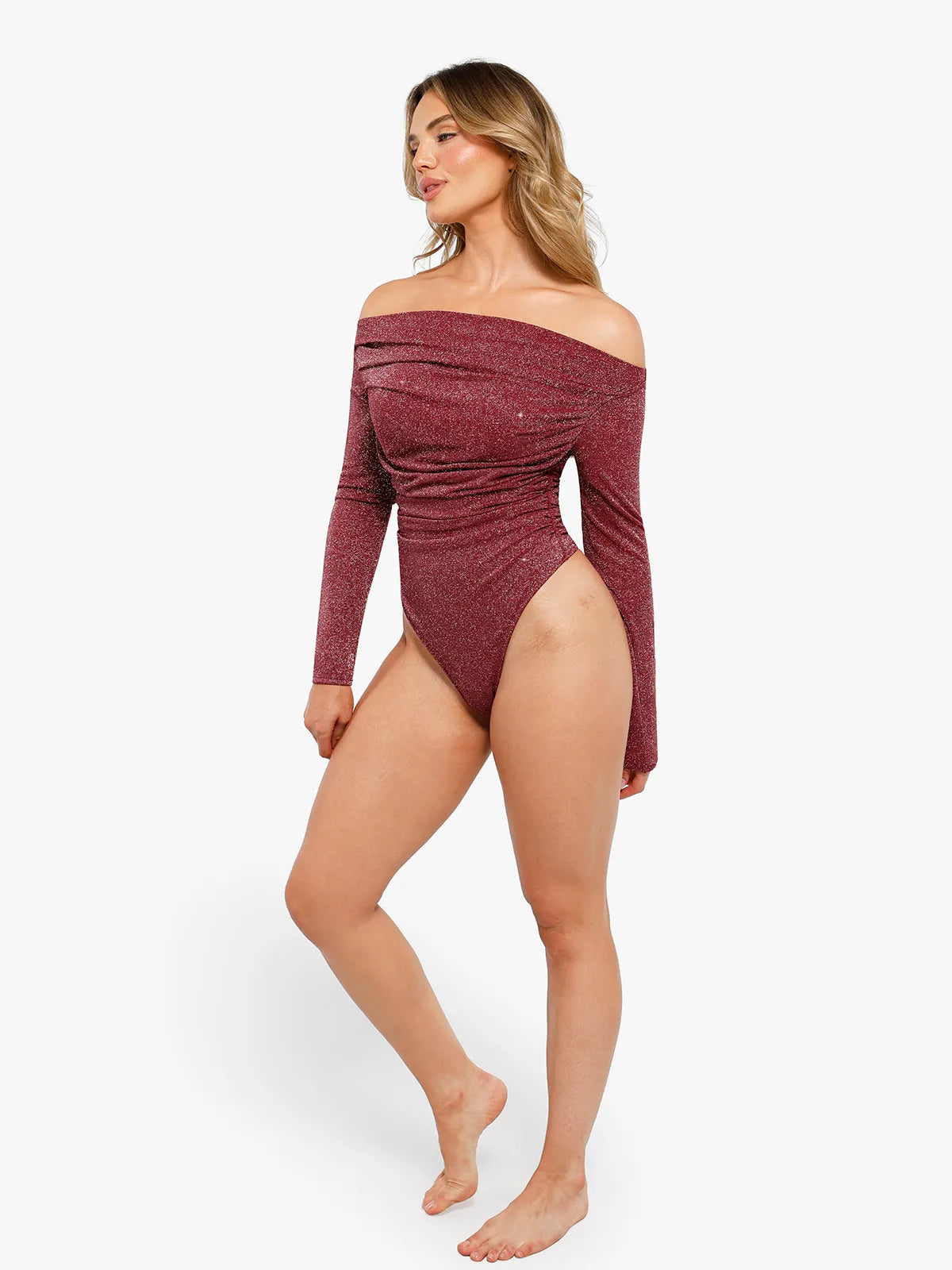 Shapewear Metallic Knit Long Sleeve Slimming Bodysuit