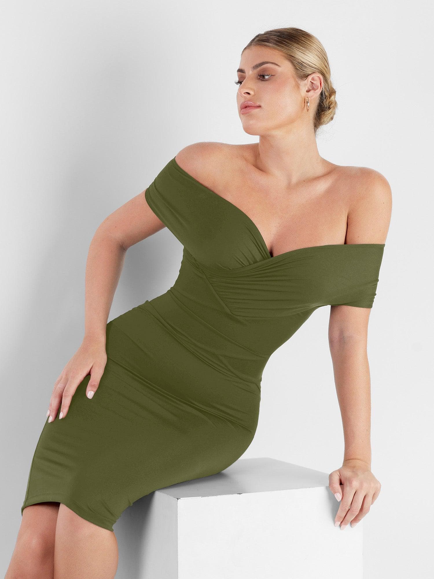 The Shapewear Dress Off Shoulder V-Neck Ruched Midi