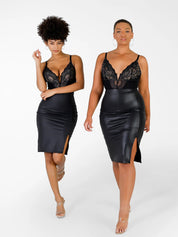 matching sets collection Deep-V Neck Lace Shapewear Bodysuit Leather Midi Skirt Set