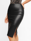 matching sets collection Shapewear Deep V-Neck Leather Bodysuit Slit Midi Skirt Set