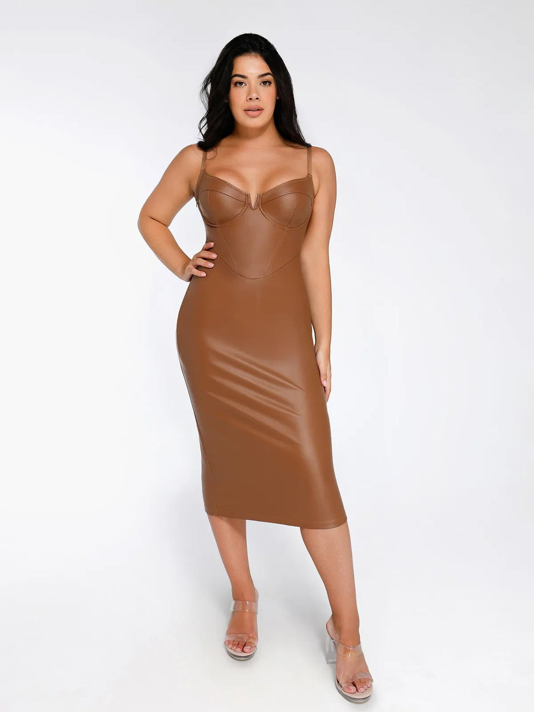 matching sets collection Dress / Brown / XS Shapewear Faux Leather Corset Midi Dress Bolero Jacket Set