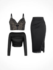 matching sets collection Set / Black / XS Shapewear Lace Corset Top Split Skirt Mesh Cover-Up Set