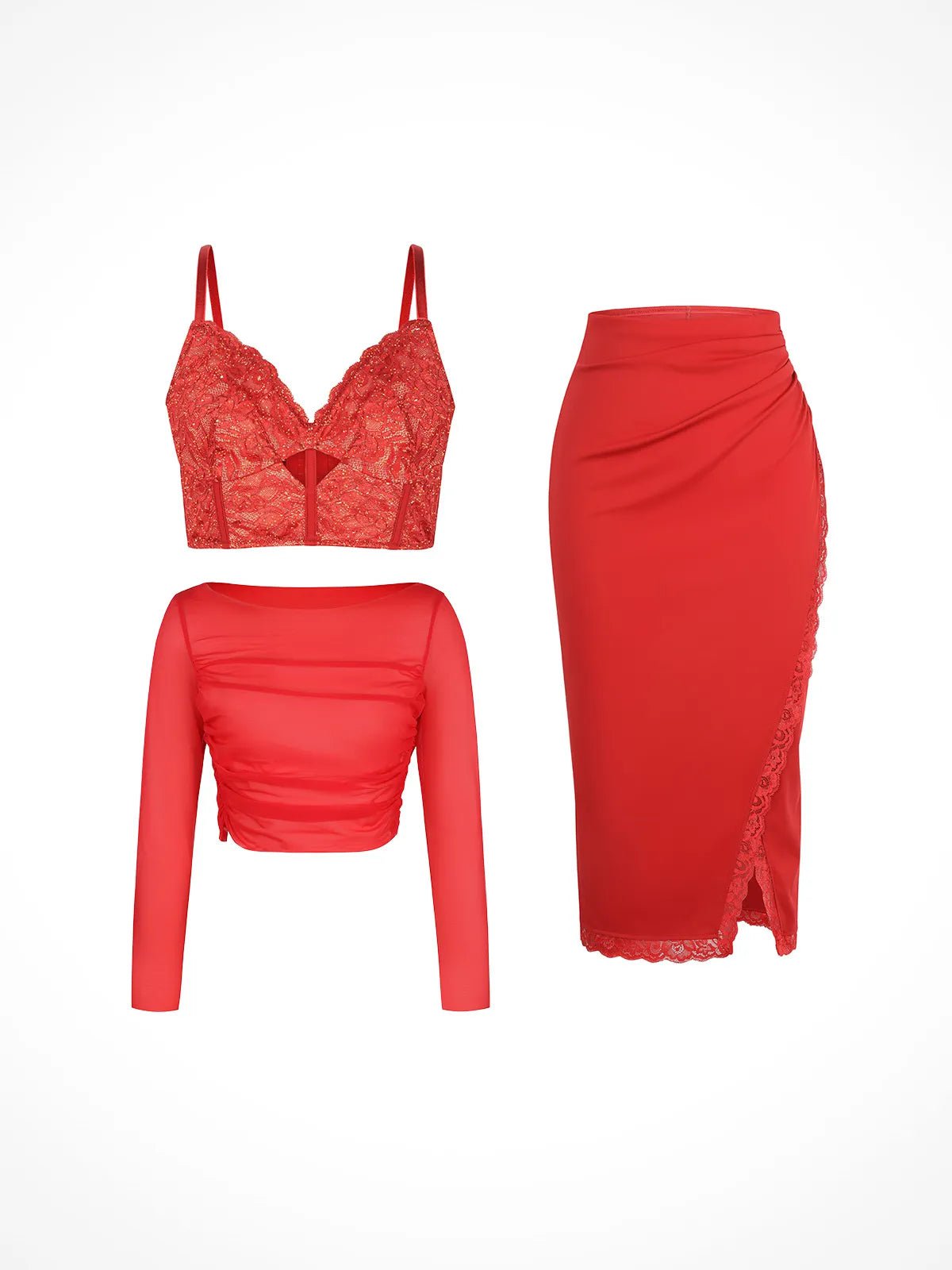 matching sets collection Set / Red / XS Shapewear Lace Corset Top Split Skirt Mesh Cover-Up Set