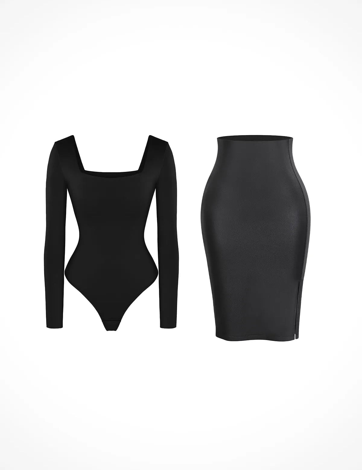  S Shapewear Long Sleeve Sculpting Bodysuit Leather Midi Skirt Set