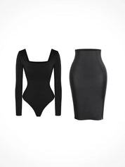 matching sets collection Set / Black / S Shapewear Long Sleeve Sculpting Bodysuit Leather Midi Skirt Set