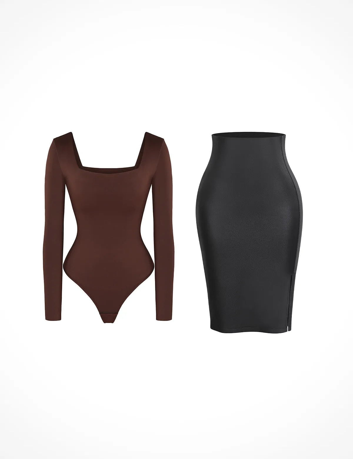  S Shapewear Long Sleeve Sculpting Bodysuit Leather Midi Skirt Set