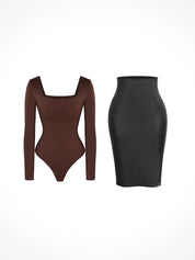 matching sets collection Set / Brown / S Shapewear Long Sleeve Sculpting Bodysuit Leather Midi Skirt Set