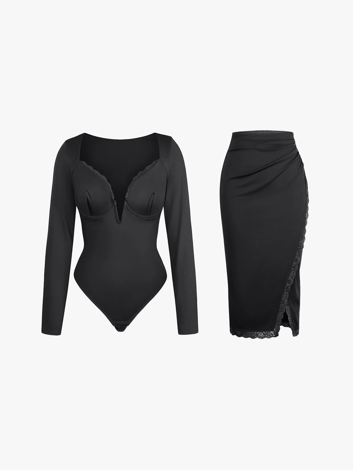 matching sets collection Set / Black / XS Shapewear Sculpting Lace Trim Bodysuit Midi Wrap Skirt Set