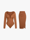 matching sets collection Set / Brown / XS Shapewear Sculpting Lace Trim Bodysuit Midi Wrap Skirt Set