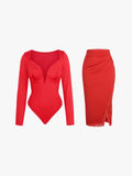 matching sets collection Set / Red / XS Shapewear Sculpting Lace Trim Bodysuit Midi Wrap Skirt Set