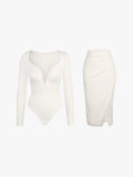 matching sets collection Set / White / XS Shapewear Sculpting Lace Trim Bodysuit Midi Wrap Skirt Set