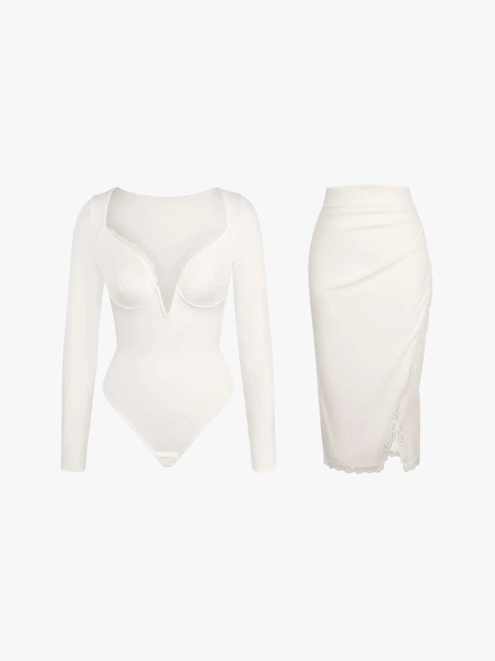 matching sets collection Set / White / XS Shapewear Sculpting Lace Trim Bodysuit Midi Wrap Skirt Set