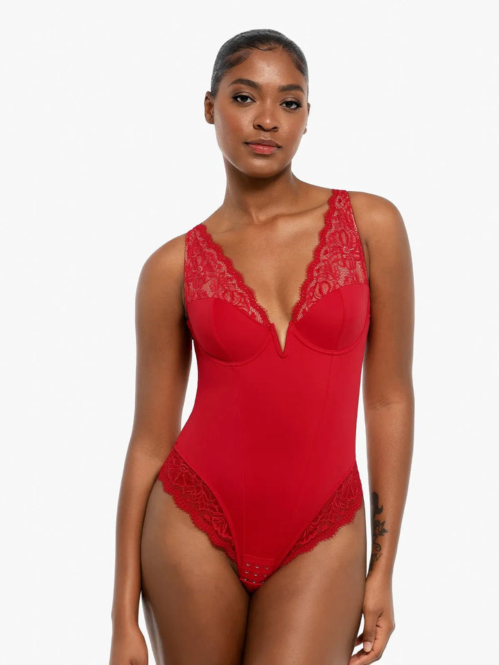 New arrivals Red / XS Shapewear Deep V-Neck Sculpting Lace Patchwork Bodysuit