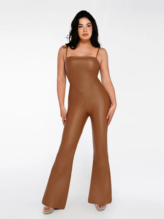 New arrivals Brown / XS Shapewear Faux Leather Corset Bodice Slimming Jumpsuit