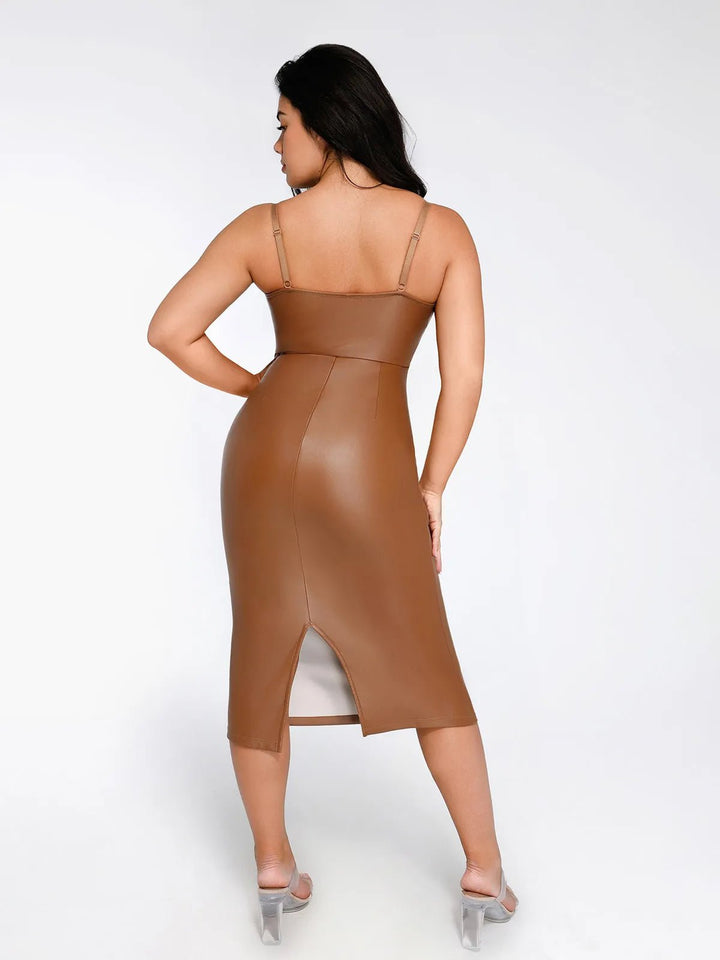 New arrivals Shapewear Faux Leather Hourglass Corset Midi Dress