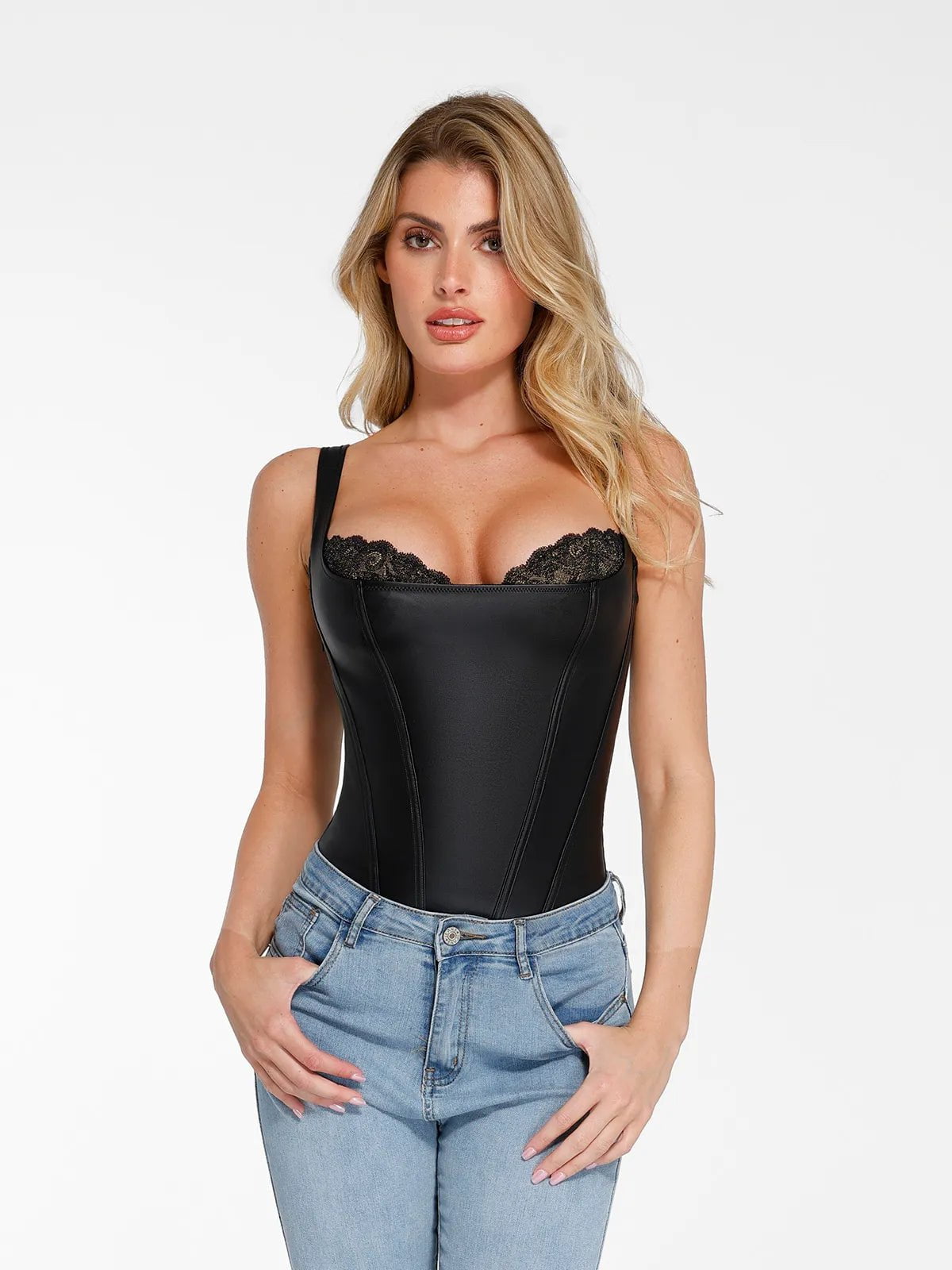 New arrivals Shapewear Faux Leather Lace Balconette Sculpting Bodysuit