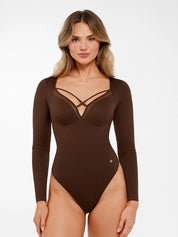 New arrivals Brown / S Shapewear Long Sleeve Mesh Inset Tummy Control Bodysuit