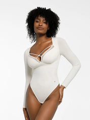 New arrivals White / S Shapewear Long Sleeve Mesh Inset Tummy Control Bodysuit