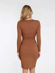 New arrivals Shapewear Long-Sleeve V-Neck Ruched Bodycon Midi Dress