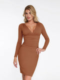 New arrivals Brown / XS Shapewear Long-Sleeve V-Neck Ruched Bodycon Midi Dress