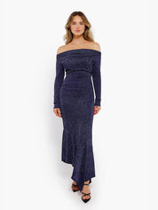 New arrivals Blue / S Shapewear Metallic Knit Long Sleeve Slim Mermaid Maxi Dress