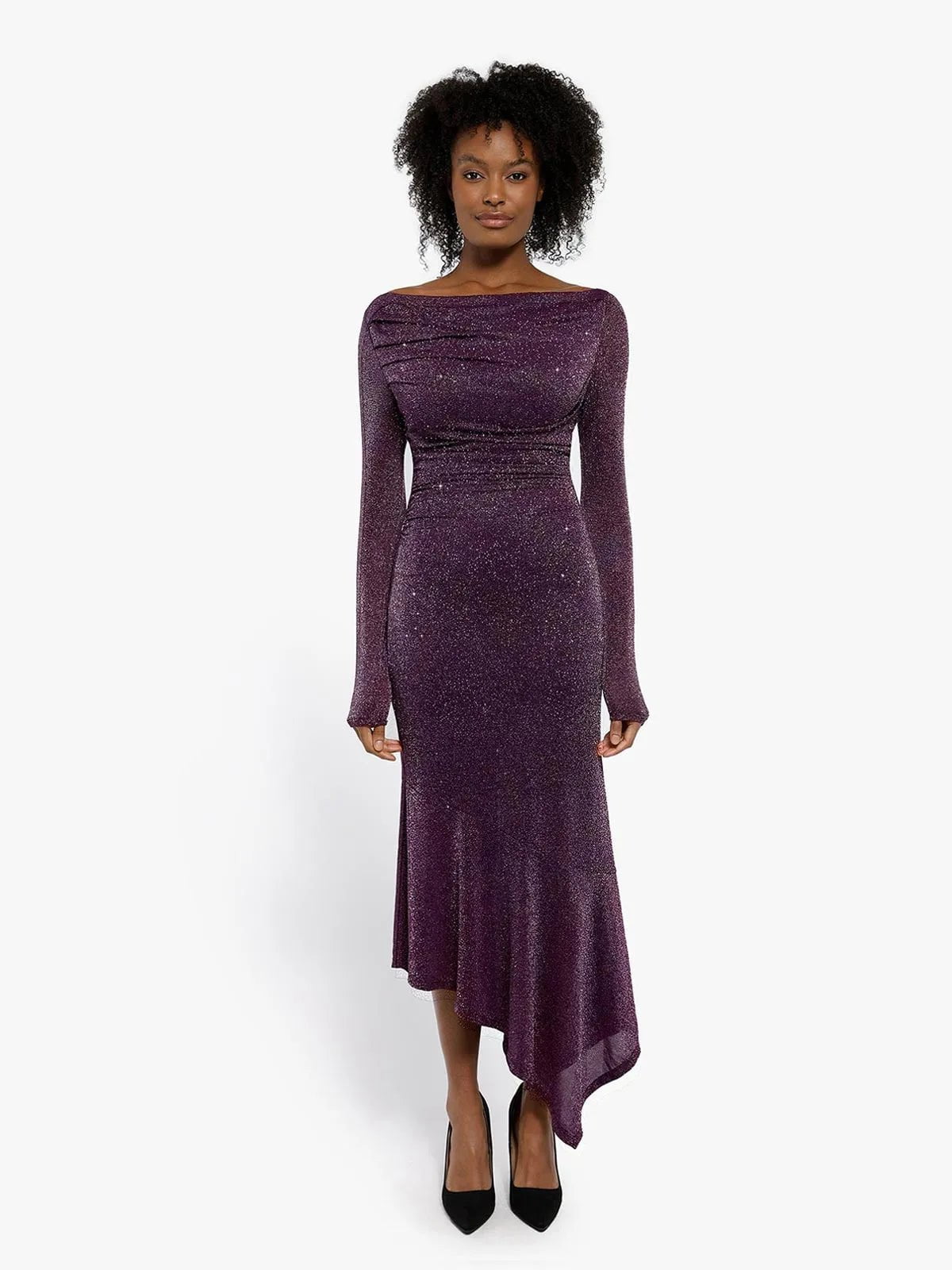 New arrivals Purple / S Shapewear Metallic Knit Long Sleeve Slim Mermaid Maxi Dress