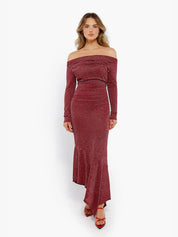 New arrivals Red / S Shapewear Metallic Knit Long Sleeve Slim Mermaid Maxi Dress