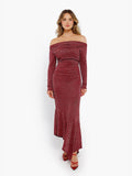 New arrivals Red / S Shapewear Metallic Knit Long Sleeve Slim Mermaid Maxi Dress