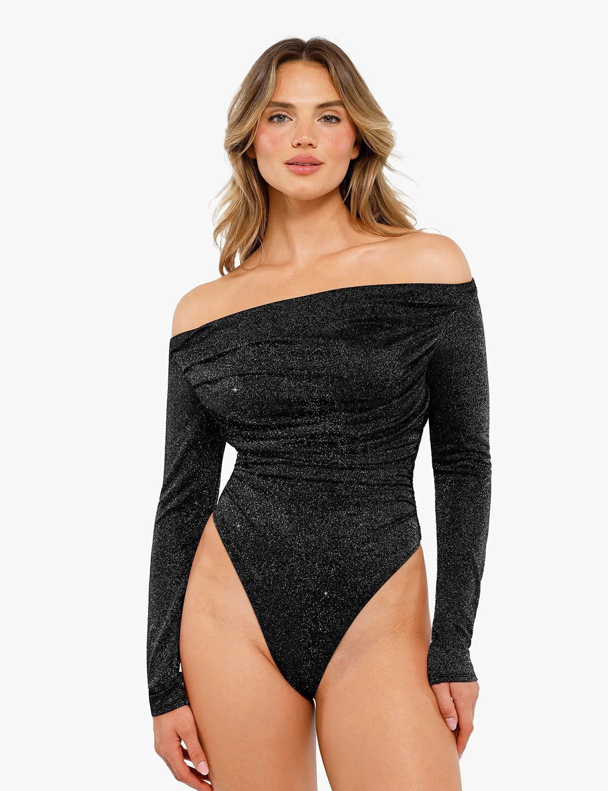  XS Shapewear Metallic Knit Long Sleeve Slimming Bodysuit