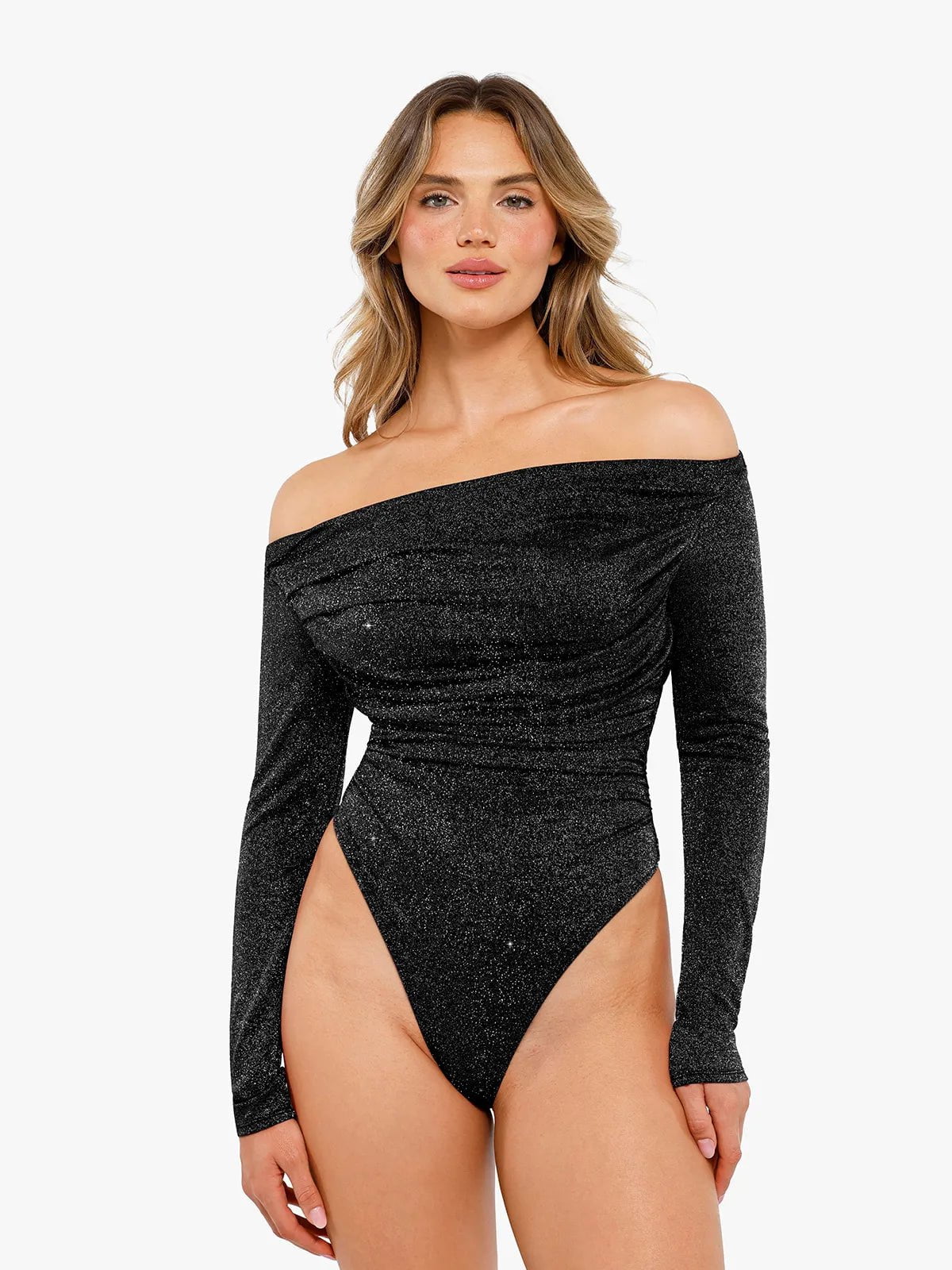 New arrivals Black / XS Shapewear Metallic Knit Long Sleeve Slimming Bodysuit