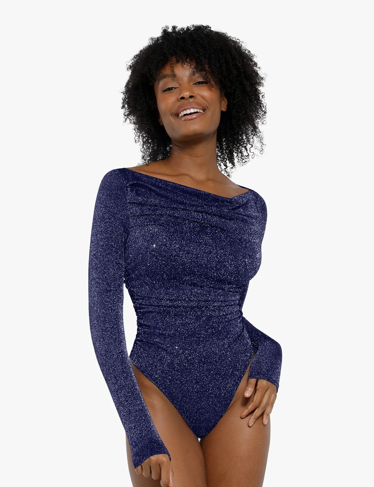  XS Shapewear Metallic Knit Long Sleeve Slimming Bodysuit