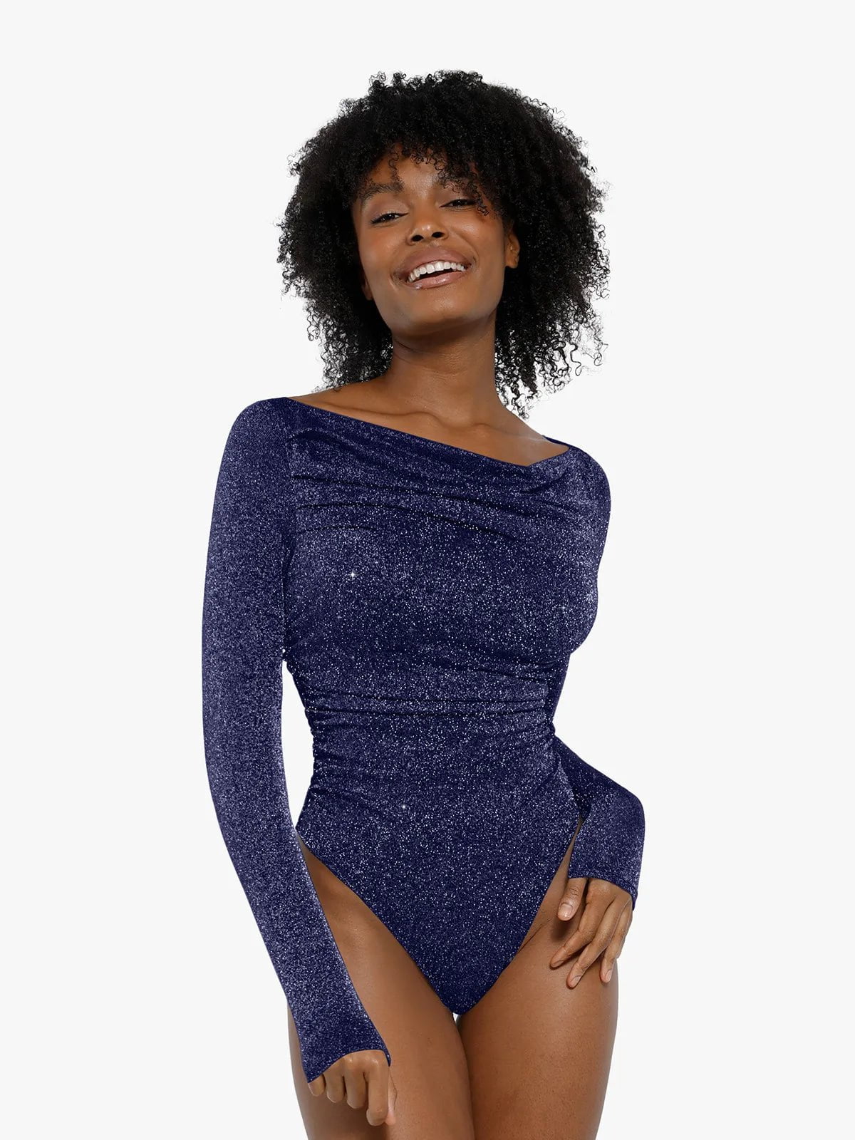 New arrivals Blue / XS Shapewear Metallic Knit Long Sleeve Slimming Bodysuit