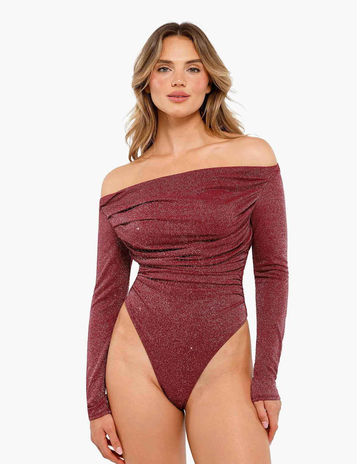  XS Shapewear Metallic Knit Long Sleeve Slimming Bodysuit