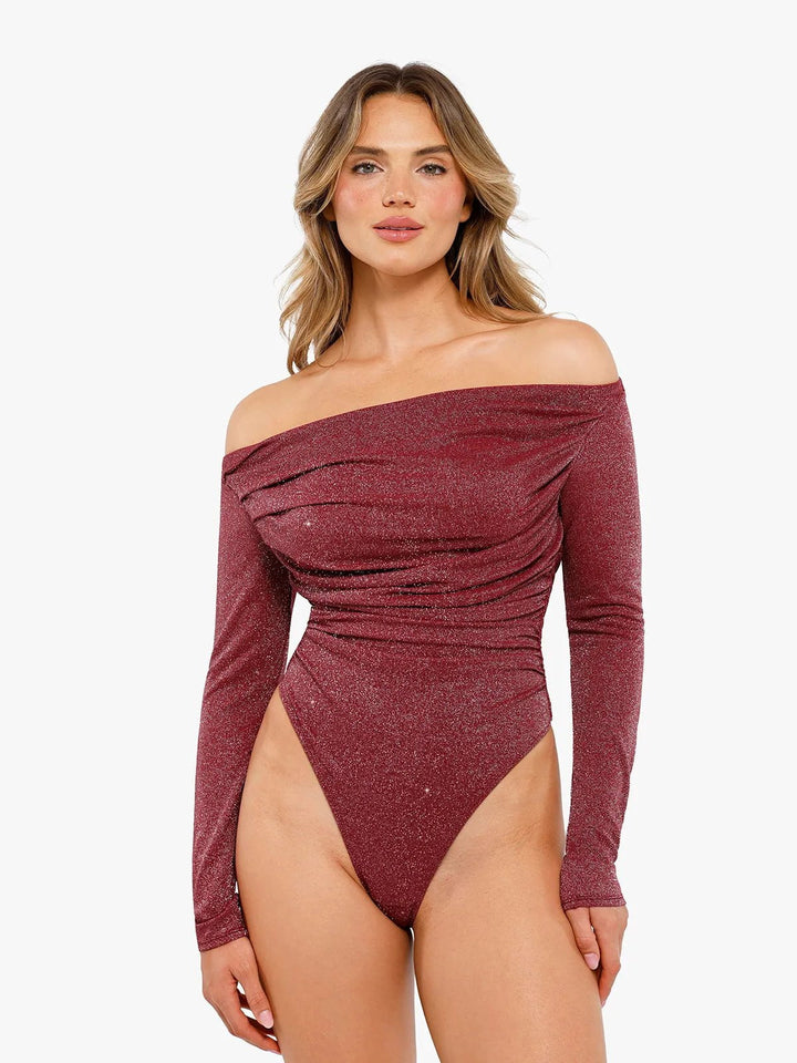 New arrivals Red / XS Shapewear Metallic Knit Long Sleeve Slimming Bodysuit