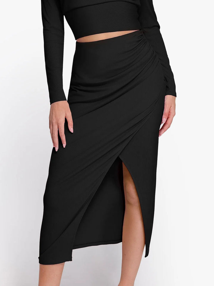 New arrivals Office Work Knee Length Pencil Skirts Black / XS Shapewear Rib Modal Built In Sculpting Midi Wrap Skirt