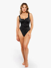 New arrivals Shapewear Ruched Metallic Knit Square Neck Slimming Bodysuit