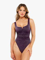 New arrivals Purple / XS Shapewear Ruched Metallic Knit Square Neck Slimming Bodysuit