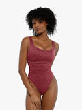 New arrivals Red / XS Shapewear Ruched Metallic Knit Square Neck Slimming Bodysuit