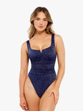 New arrivals Blue / XS Shapewear Ruched Metallic Knit Square Neck Slimming Bodysuit