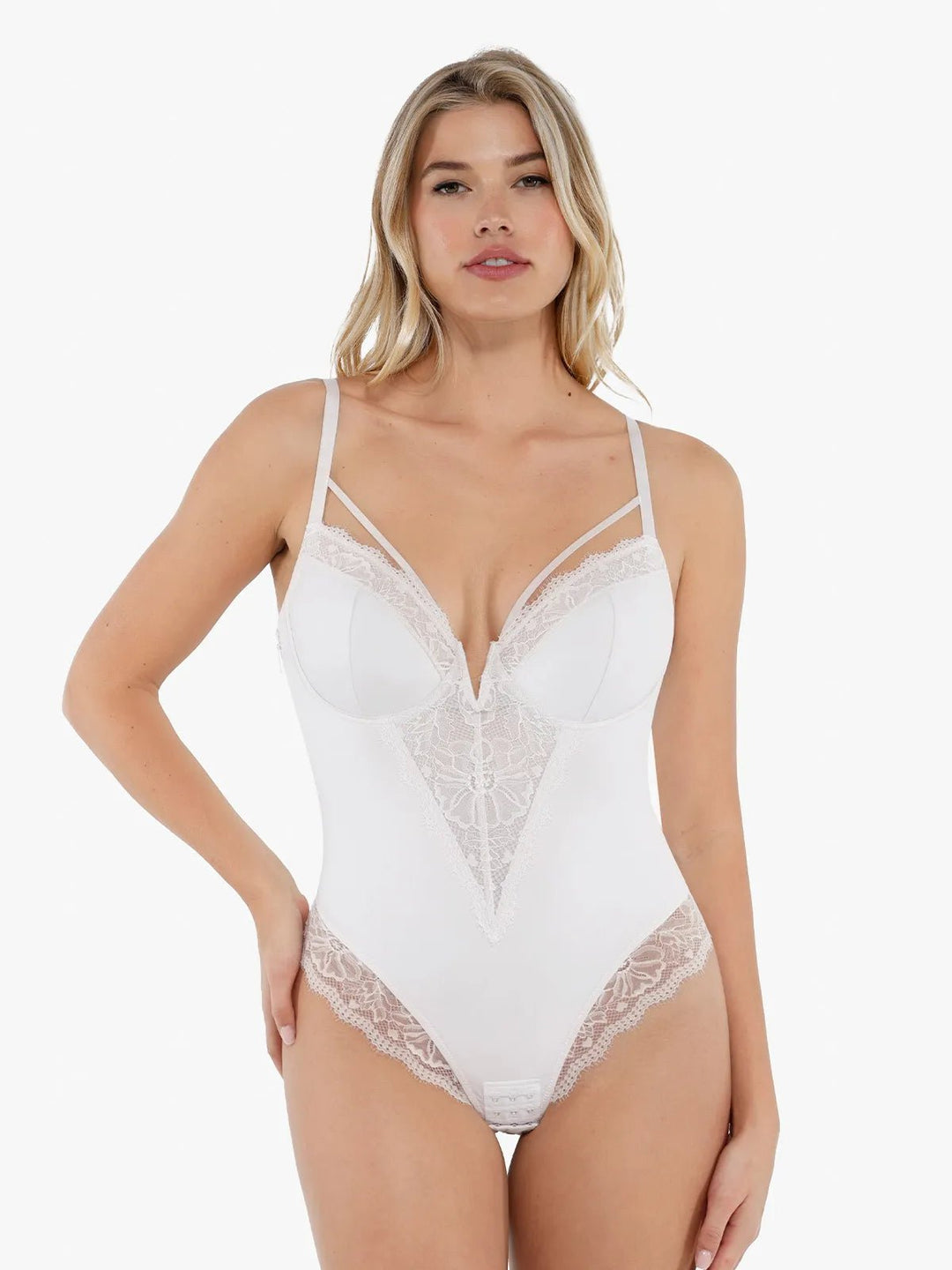 New arrivals White / XS Shapewear V-Neck Crisscross Tummy Control Lace Bodysuit