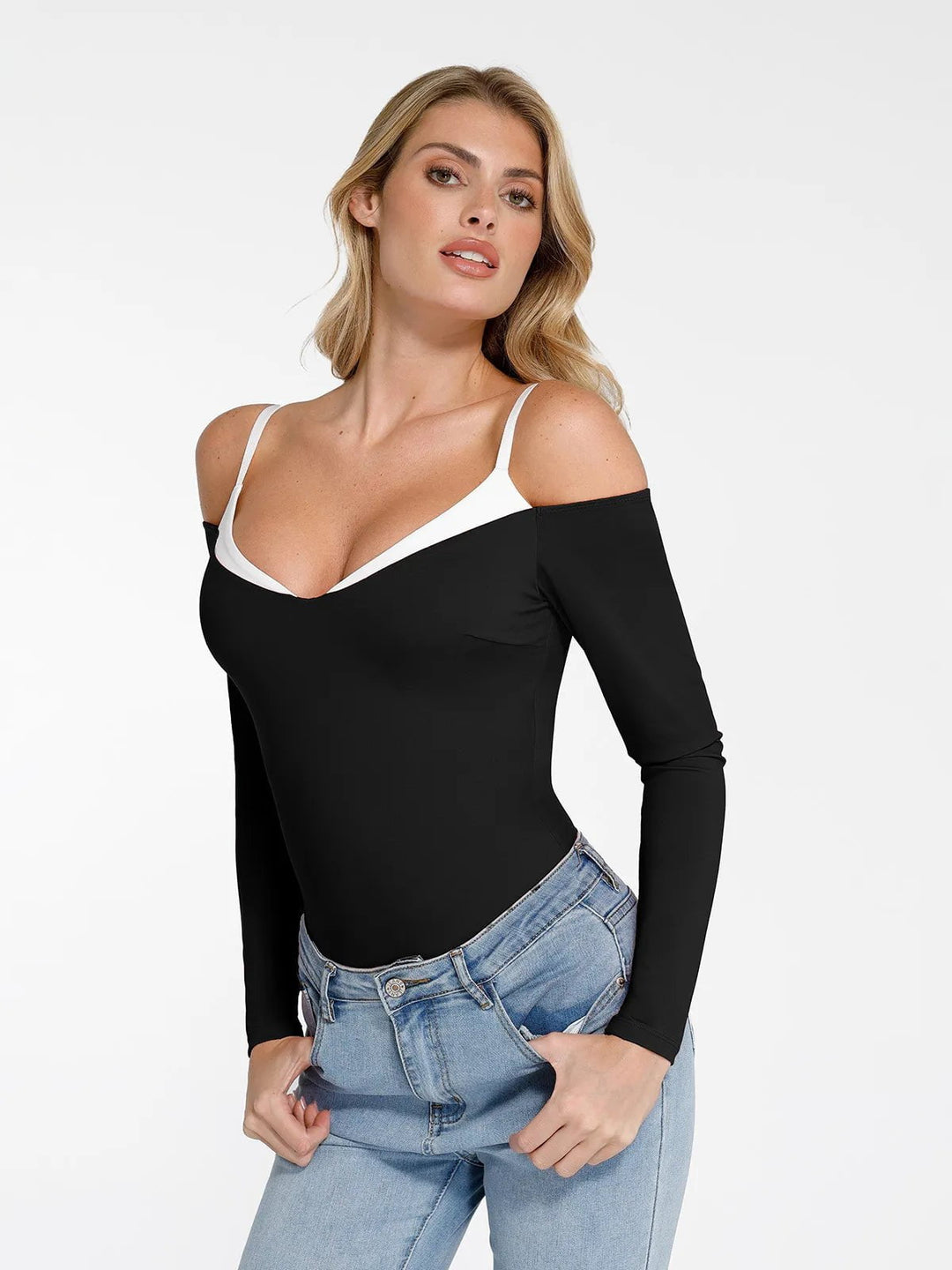 Shapewear Long Sleeve Cold Shoulder Tummy Control Bodysuit Popilush