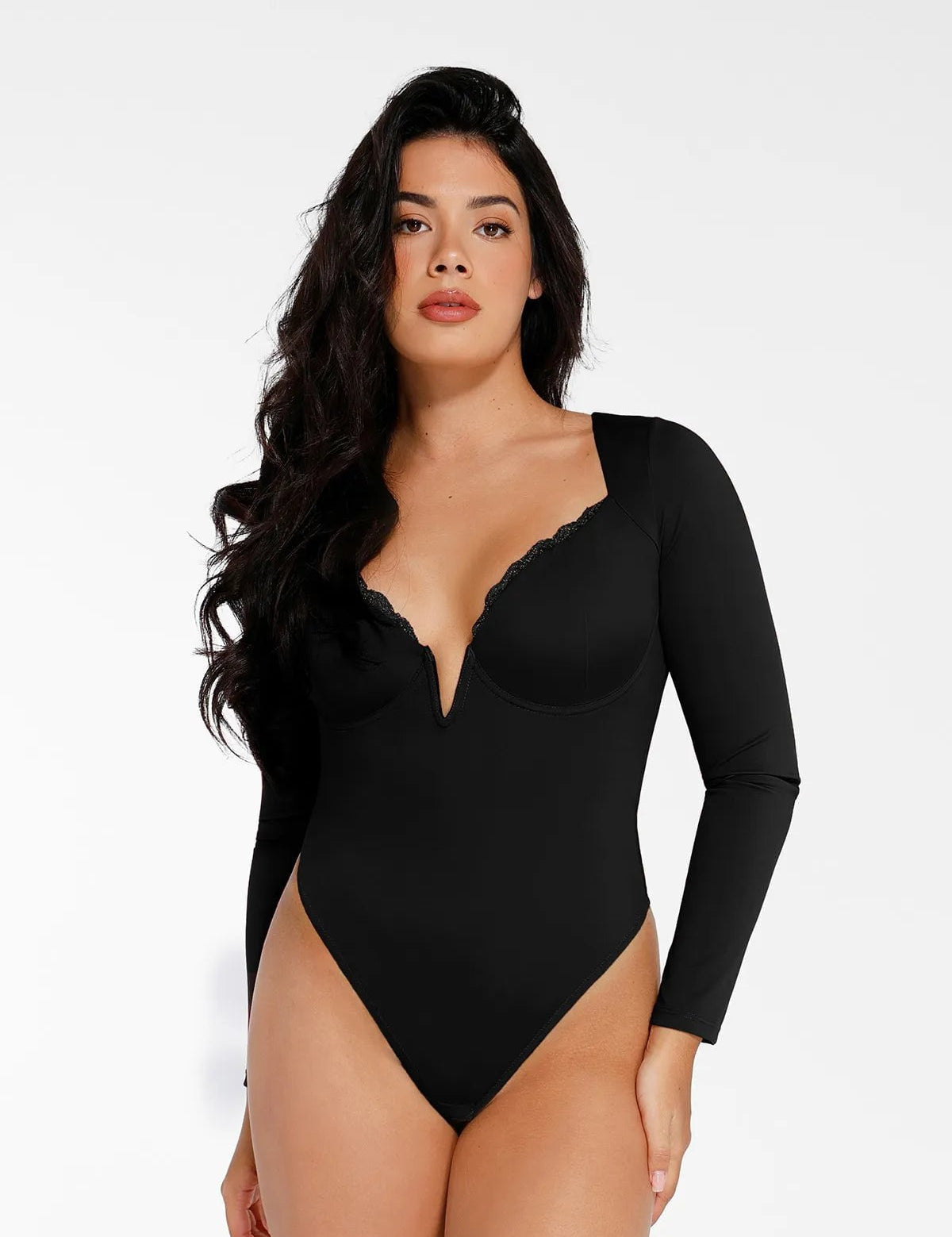  XS The Shapewear Bodysuit Long Sleeve V-Neck Lace Trim