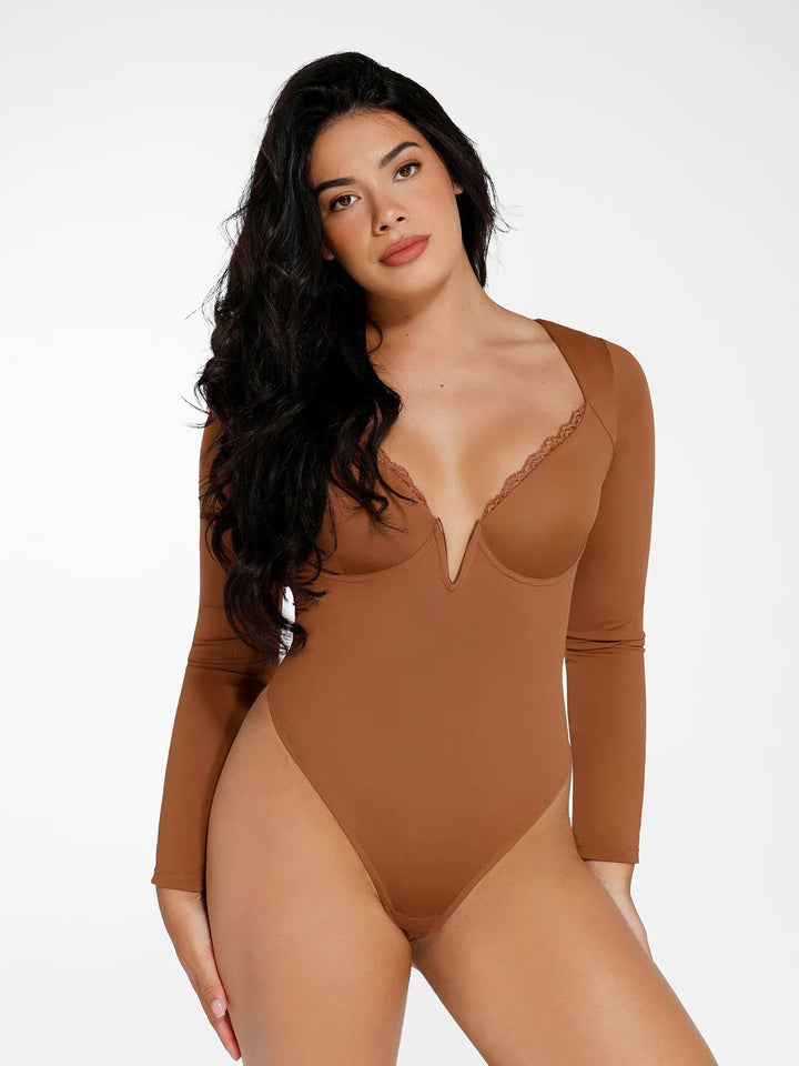 New arrivals Brown / XS The Shapewear Bodysuit Long Sleeve V-Neck Lace Trim