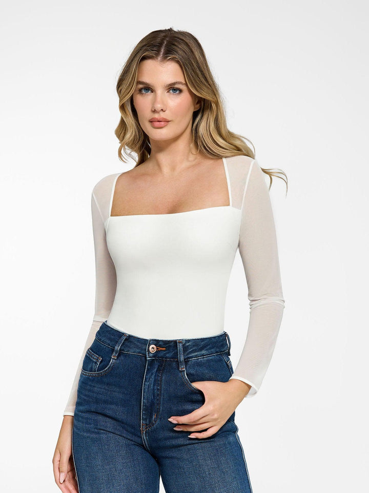 New arrivals Tops Body Shaper Long Sleeve The Shapewear Bodysuit with Square Neck and Mesh Sleeves