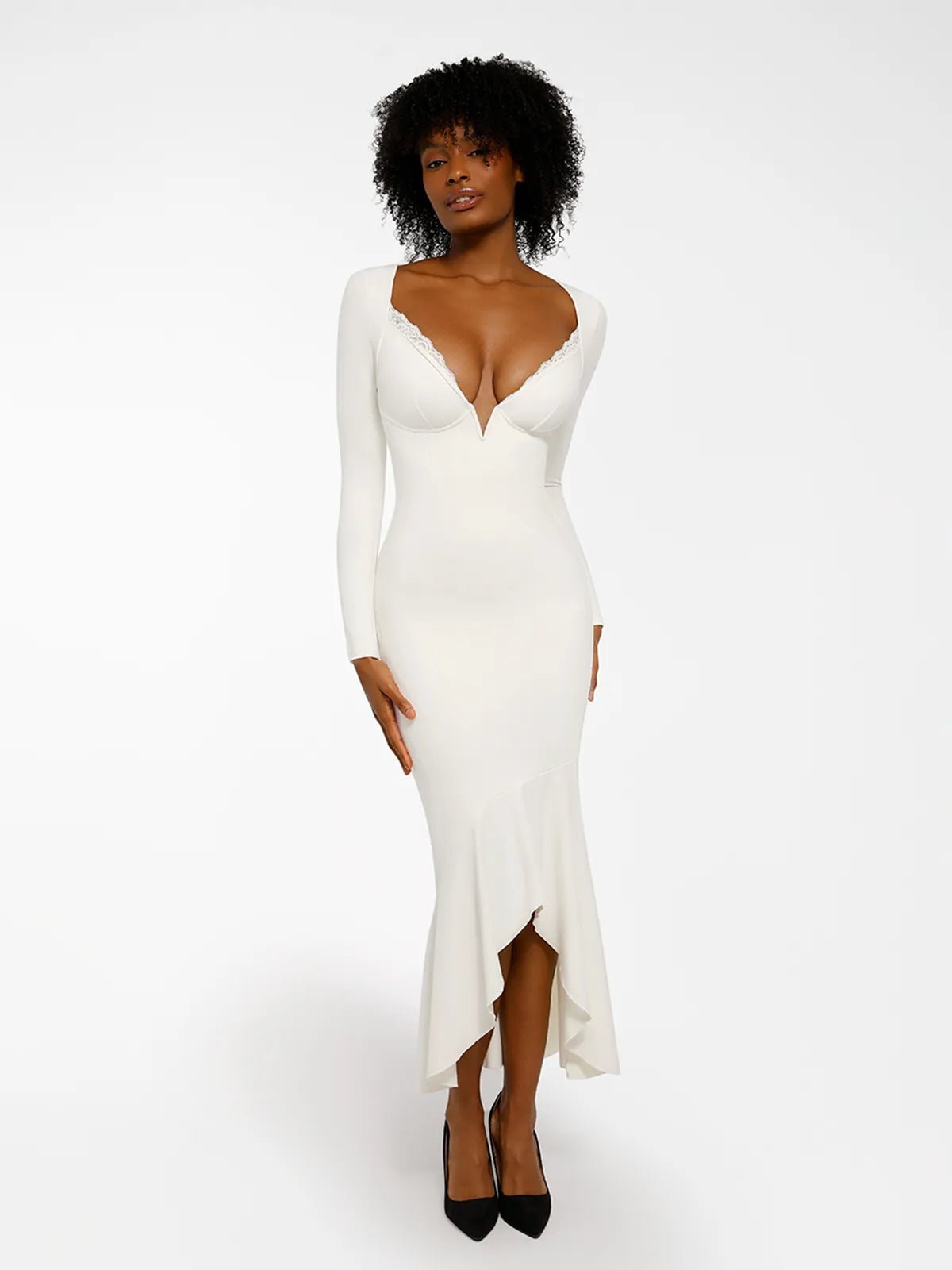 New arrivals White / S The Shapewear Dress Long Sleeve Mermaid Hem Lace Maxi