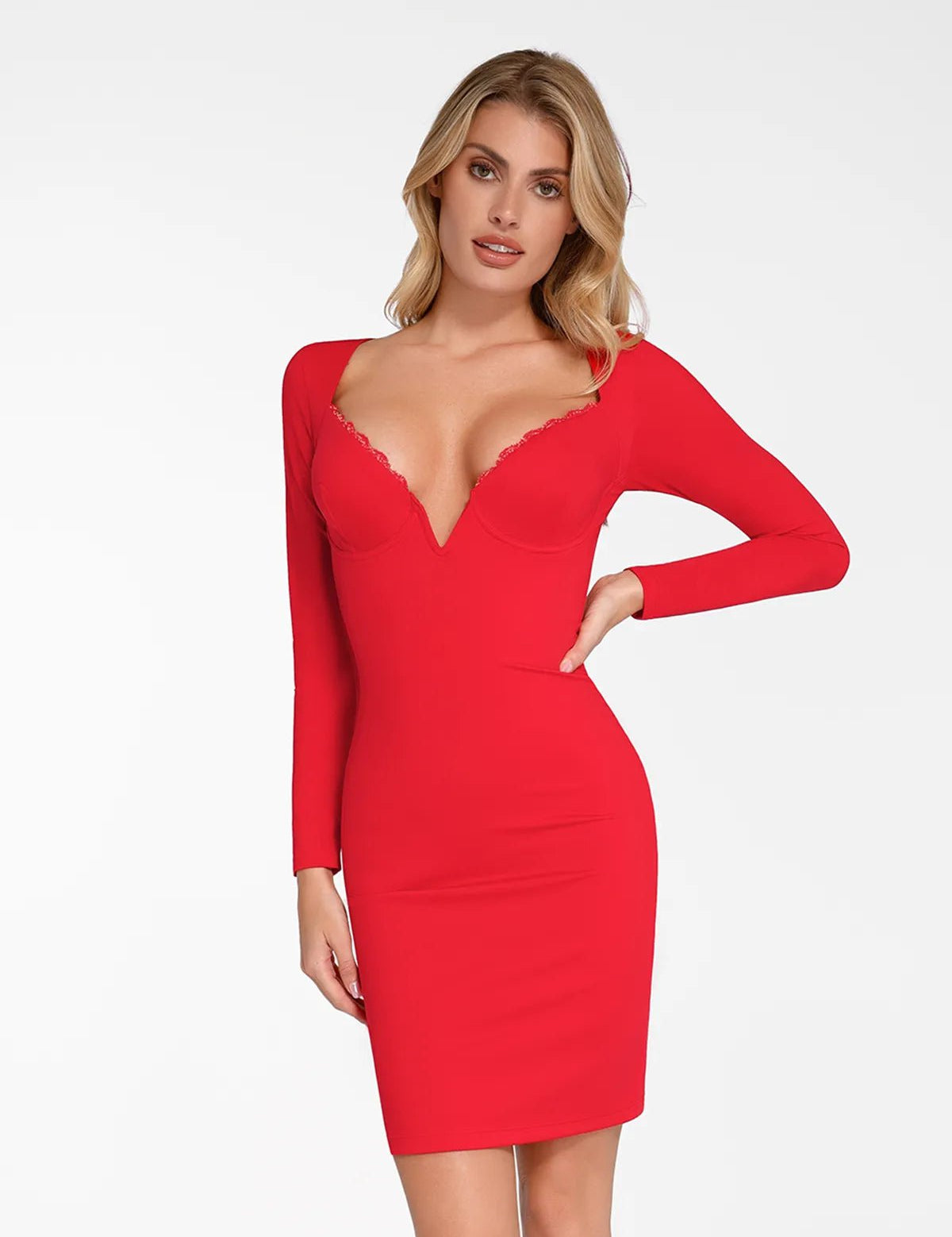  XS The Shapewear Dress Long Sleeve V-Neck Lace Midi