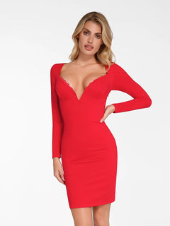 New arrivals Red / XS The Shapewear Dress Long Sleeve V-Neck Lace Midi