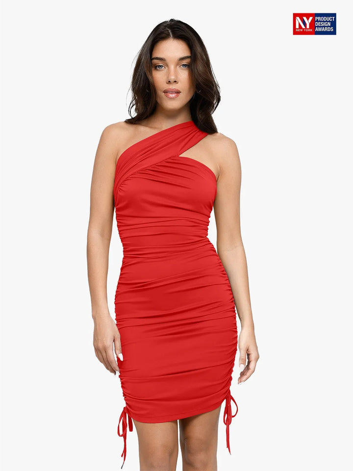 Popilush® Cooling Party Cocktail Evening Summer Dress Red / XS Bluetag Cooling Shapewear One-Shoulder Ruched Bodycon Dress